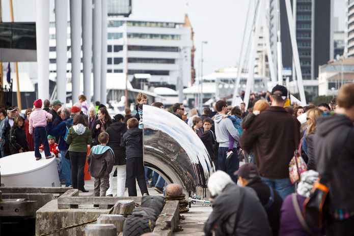 Sculptural objects with a nautical theme being enjoyed on opening day.
