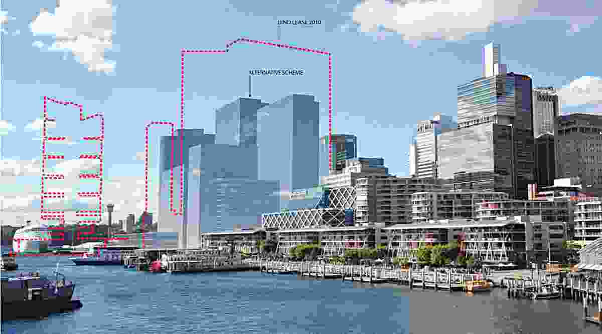 A diagram produced by Architects and Planners Concerned About Barangaroo, showing the massing of the alternative proposal, with the outline of the current proposal dotted in red.