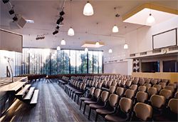 With louvres open the auditorium has extensive views over the treed suburban valley.