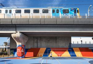 The Caulfield to Dandenong project creates 8.4-kilometres of linear park beneath the now-elevated rail line.