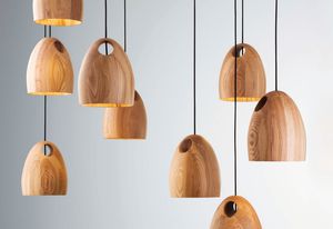 Oak pendant lights by Ross Gardam.