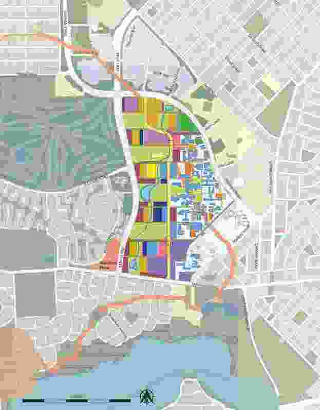 Curtin City masterplan option 1, showing a banded approach to urban form, stitching the city to its neighbours.