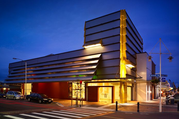Tauranga Art Gallery. A 1960s bank was re-clad in metal cool-room panels, which form a verandah to the footpath. 2009 NZIA National Award winner.