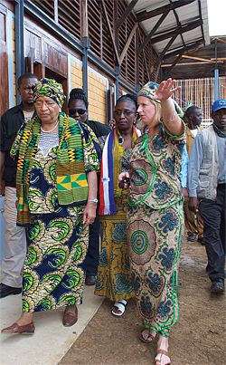 Finley Pitt (right) at the school with the President of Liberia, Ellen Johnson Sirleaf.
Photograph
Nicholas Ogburn.