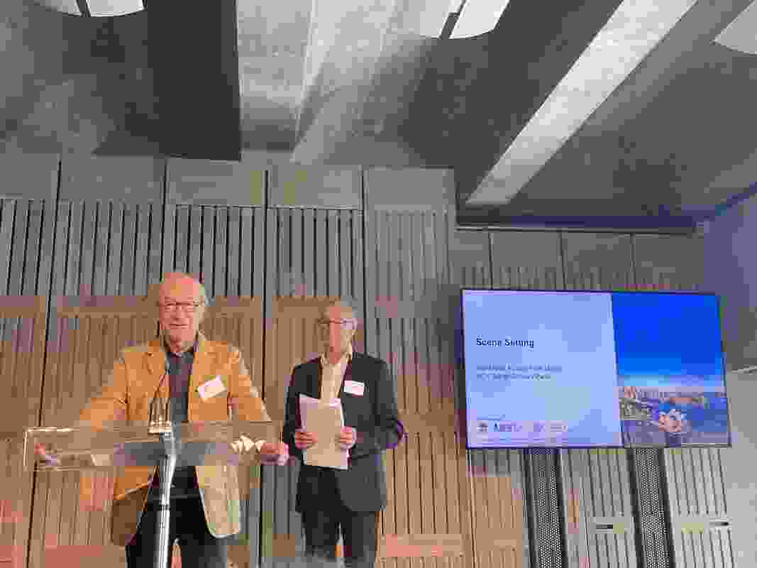 Ken Maher and Peter Mould, outgoing chairs of the Sydney Opera House’s Design Advisory Panel, introducing the symposium.