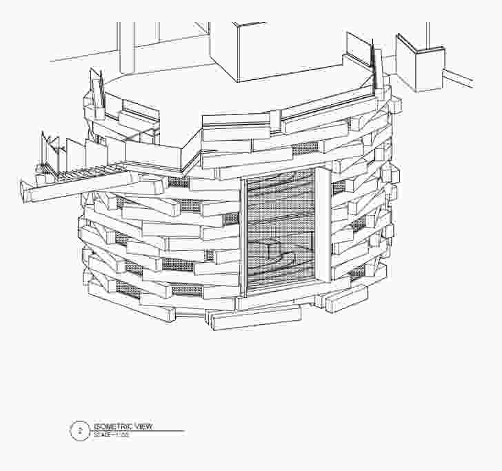 Isometric view of the oval classroom volume.