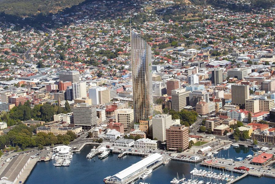 Aerial view of the proposed hotel in central Hobart, by Xsquared Architects.