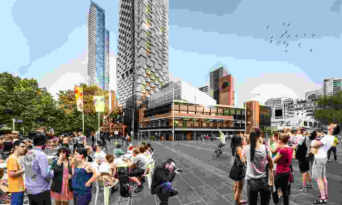 A proposed tower and community hub designed by Bates Smart and Six Degrees Architects adjacent to Melbourne's Queen Victoria Market.