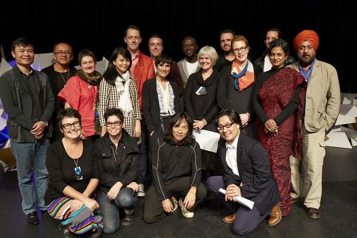 Conference speakers and creative directors. Back row, L–R: Adam Haddow, Sam Crawford, David Adjaye, Andrew Burns. Centre row: Vo Trong Nghia, Andra Matin, Helen Norrie, Wen Hsia Ang, Cazu Zegers, Elizabeth Watson-Brown, Emma Williamson, Marina Tabassum, Gurjit Singh Matharoo. Front row: Justine Clark, Naomi Stead, Sek San Ng, Lyndon Neri.