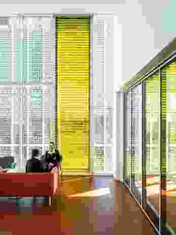 When the day- light shines through them, the glass bricks create a colourful play of light throughout the interiors.