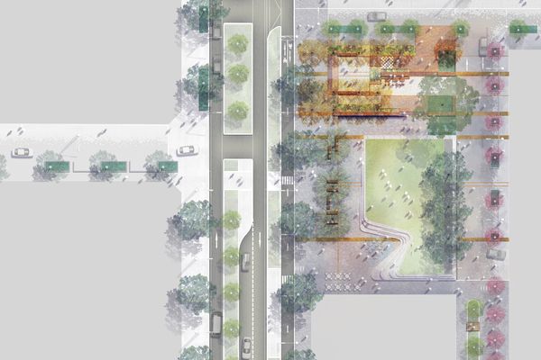 The public recreational space, Dyuralya Square,will feature garden rooms, a water play park, landscaped terraces, a cafe, native plants and trees and a large lawn.
