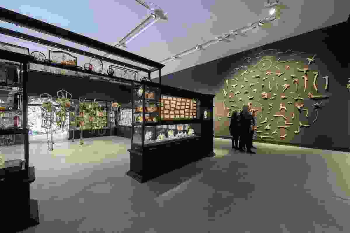 Smaller artworks are displayed in vitrines with interlocking sections.