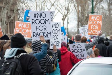 Anti-racism protesters march against anti-Islamic protesters during public demonstrations against the granting of a planning permit for a mosque in Bendigo, Victoria, in 2015. 