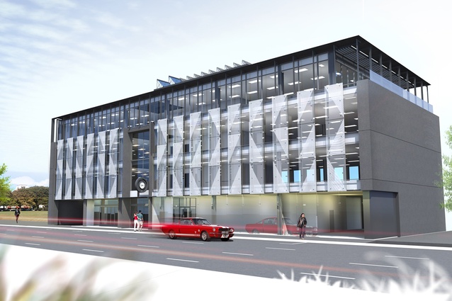 Completion date – December 2012. Harcourts/Grenadier building, 271 Madras Street, by MAP Architects. Ground floor retail and cafe with three floors of offices overlooking Latimer Square. Decorative glass screens and a clock salvaged from the original building animate the facade.