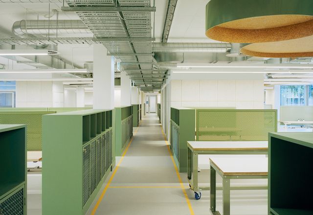 The design team chose honest materials that provide visual and acoustic comfort, which also age well with the daily wear and tear of an engineering workshop.