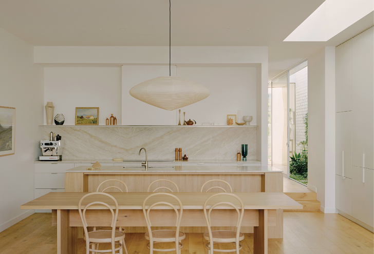 Skylights and tall ceilings make living spaces feel puzzlingly large. Artwork (on ledge): Nora McCullough.