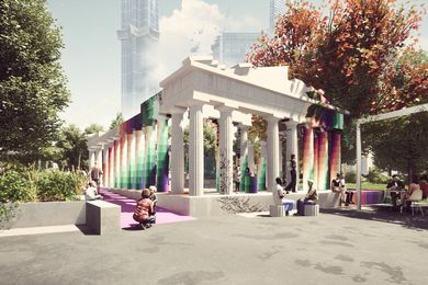 Render of 2022 NGV Architecture Commission Temple of Boom by Adam Newman and Kelvin Tsang.