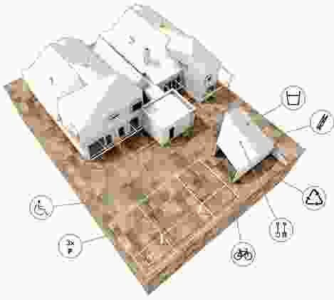 Established Manors strategy model, viewed from the rear: two existing bungalows are divided into four new dwellings of varied size and layout. A new infill element between the two houses combines with one half of one bungalow to create a larger, two-bedroom accessible dwelling.