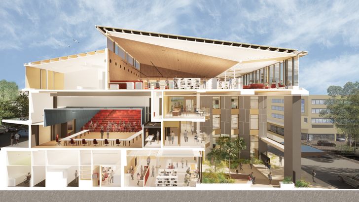 A triple-height “neighbourhood room” facing Kibble Park in the ground floor is designed to connect the various programs of the building, while a 