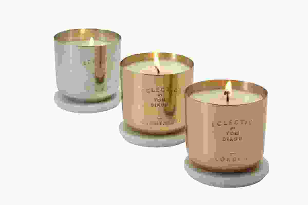 Scent Candle series in three scents in nickel, brass or copper pots with a marble lid. 