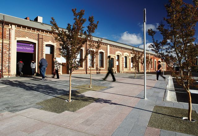 The Trainshed Way shared space starts at the entrance of Geelong Railway Station, a heritage-listed 1880s building.